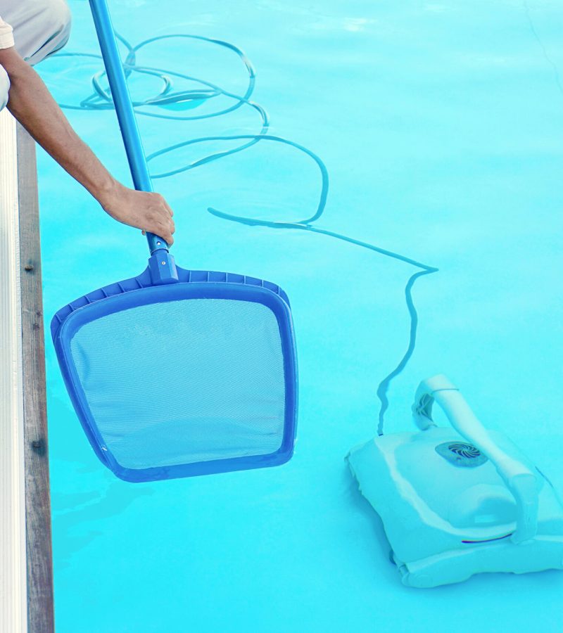 Pool cleaner during his work. Cleaning robot for cleaning the botton of swimming pools. Automatic pool cleaners.